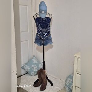 Hollister Daisy Dukes. Navy Bandana Blouse. Cap And Boots NOT INCLUDED